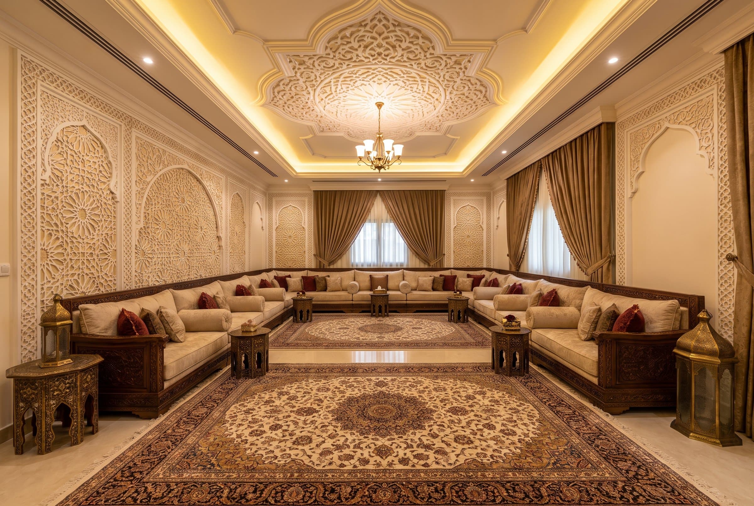 Traditional majlis with carved plaster walls, a decorative ceiling, built-in seating and large rugs
