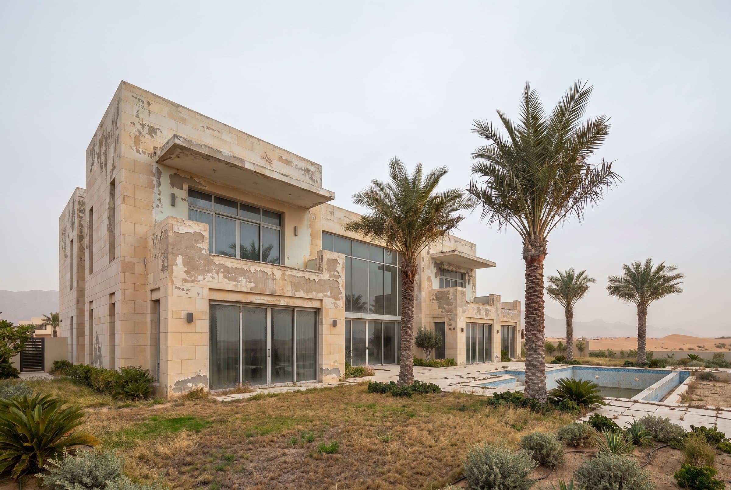 Before: Weathered sandstone villa with a peeling facade, palm trees and an empty pool