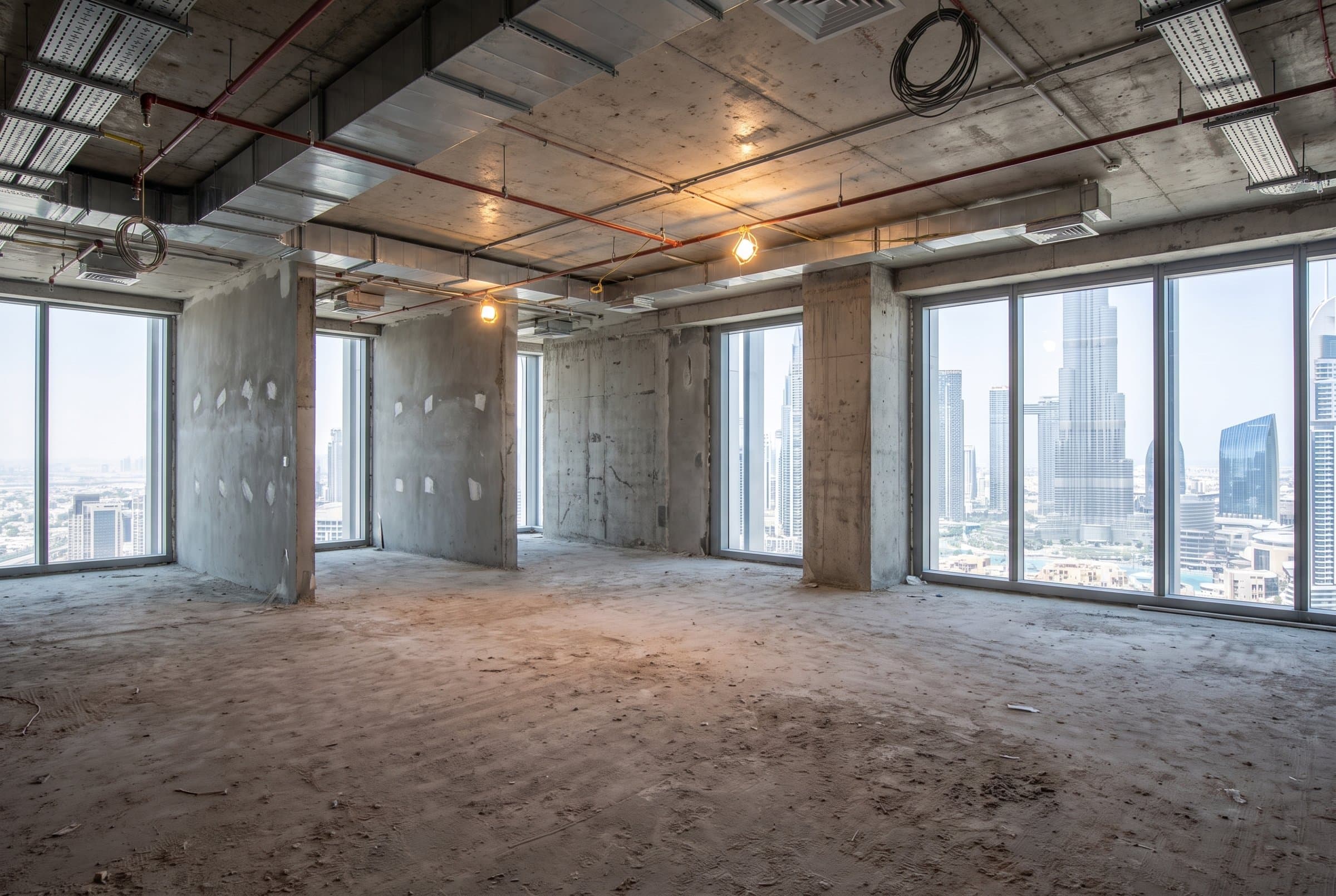 Before: Unfinished office shell with bare concrete, exposed ducts and floor-to-ceiling windows