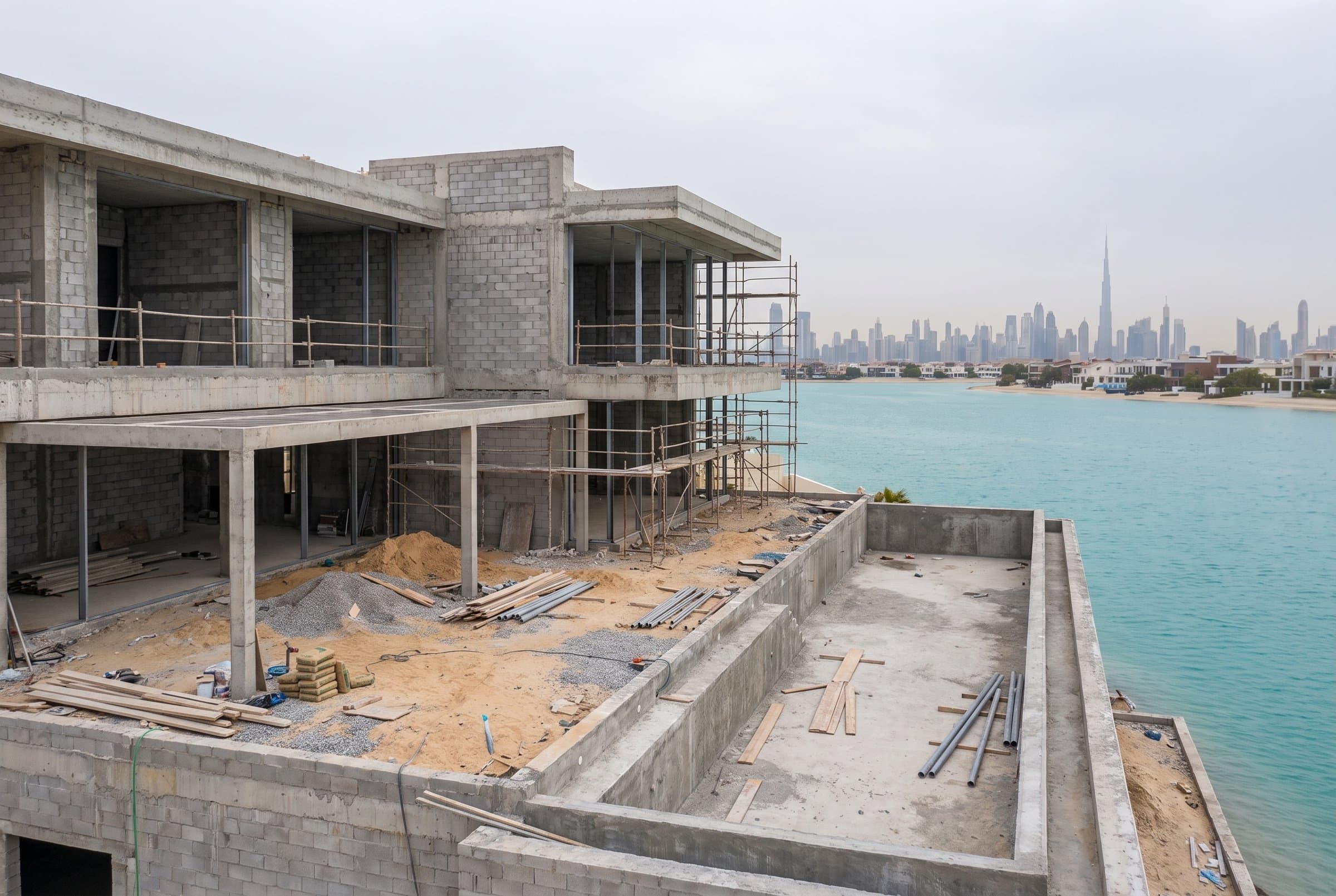 Before: Waterfront villa under construction, with a bare concrete structure, scaffolding and an unfinished pool